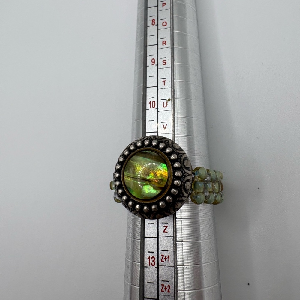 Boho Stretch Ring Iridescent Green Cabochon, Silver Tone Beaded Band, Size 11.5